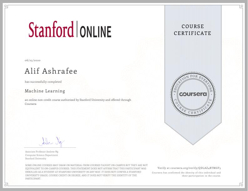 Coursera Machine Learning Certificate