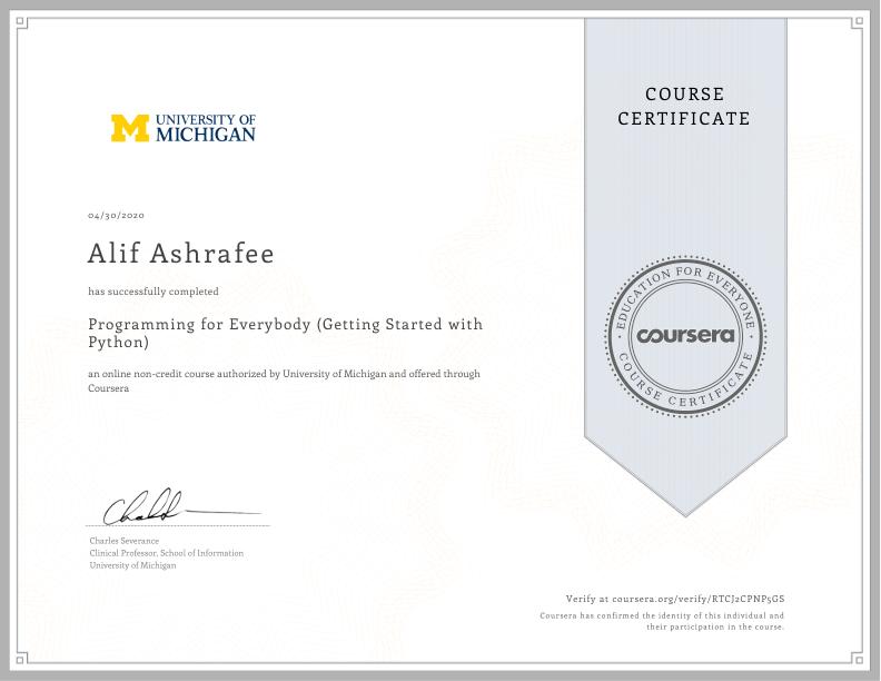 Coursera Programming for Everybody Certificate