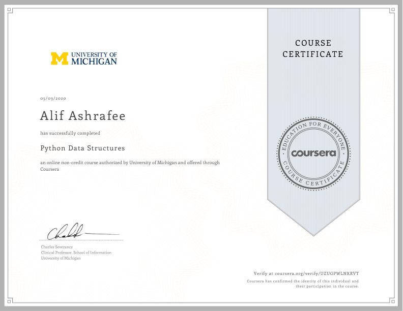 Coursera Python Data Structures Certificate