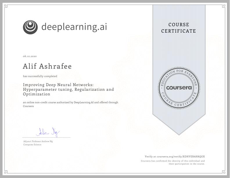 Coursera Improving Neural Networks Certificate